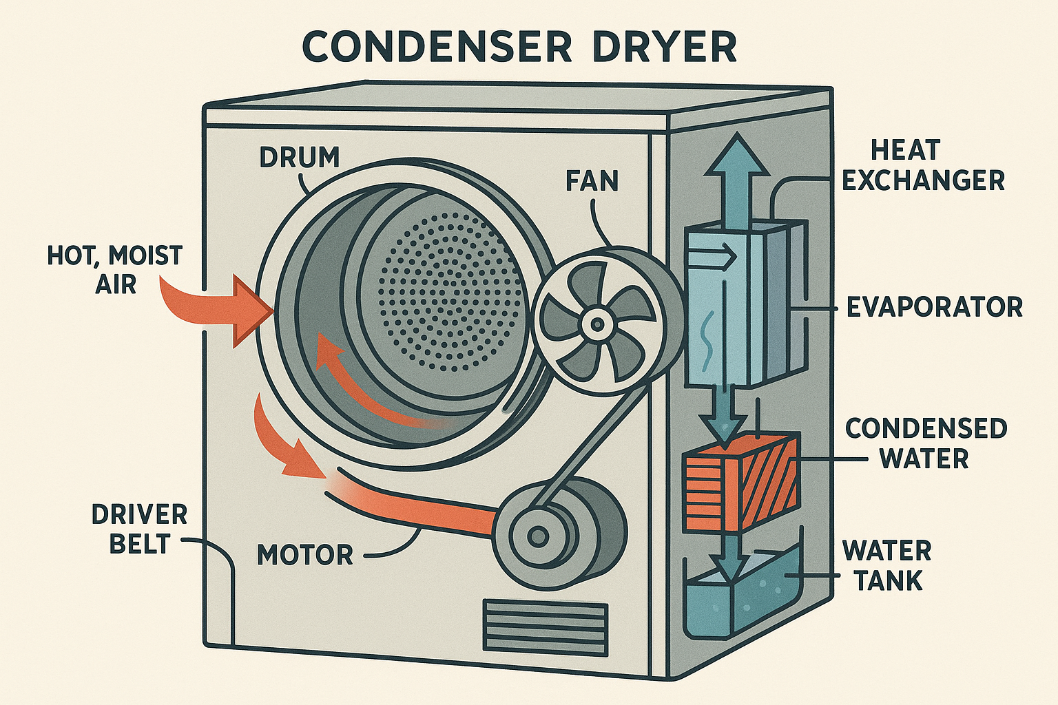 The internal components of a condenser dryer » Able Domestics